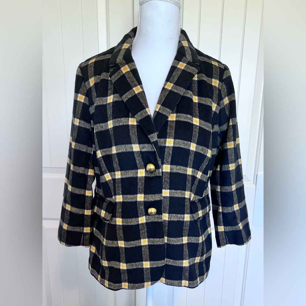 Plaid Yellow Black Blazer 3/4 Sleeve Pockets Machine Wash!! Sz 4